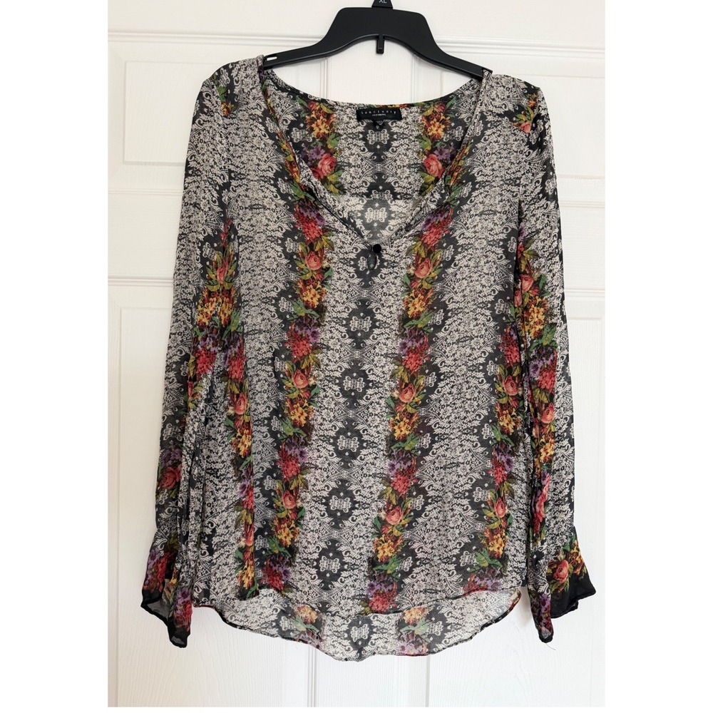 Sanctuary Clothing Floral Damask Print Blouse Black White Red Medium T677-Y26